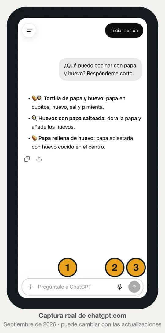 Captura real de ChatGPT respondiendo qué cocinar con papa y huevo, con 1 la caja Pregúntale a ChatGPT, 2 el micrófono y 3 el botón de enviar.