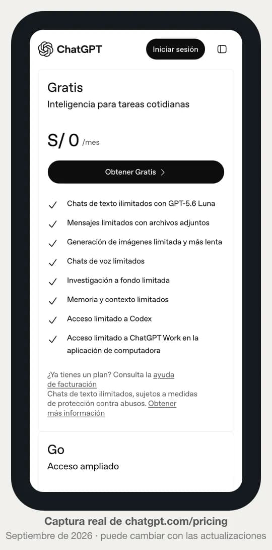Captura real de la página de precios de ChatGPT para Perú con el plan Gratis a S/ 0 al mes y la lista de lo que incluye: chats de texto ilimitados y límites en archivos, imágenes, voz, investigación y memoria.