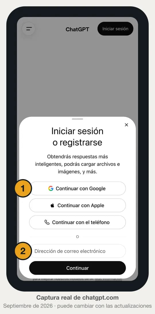 Captura real de la ventana Iniciar sesión o registrarse de ChatGPT: 1 el botón Continuar con Google y 2 el campo Dirección de correo electrónico.