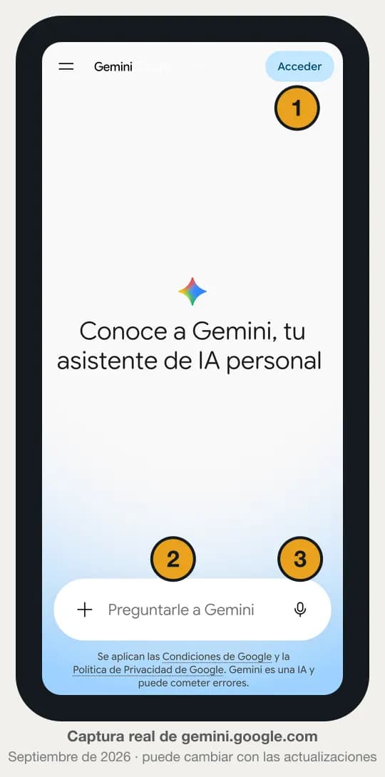 Captura real de Gemini en el celular sin iniciar sesión: 1 el botón Acceder, 2 la caja Preguntarle a Gemini y 3 el micrófono.