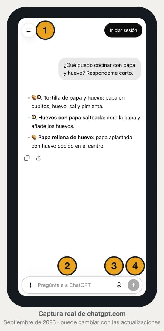 Captura real de ChatGPT en el celular con una pregunta y su respuesta, y cuatro partes numeradas: 1 el menú de conversaciones, 2 la caja para escribir, 3 el micrófono y 4 el botón de enviar.